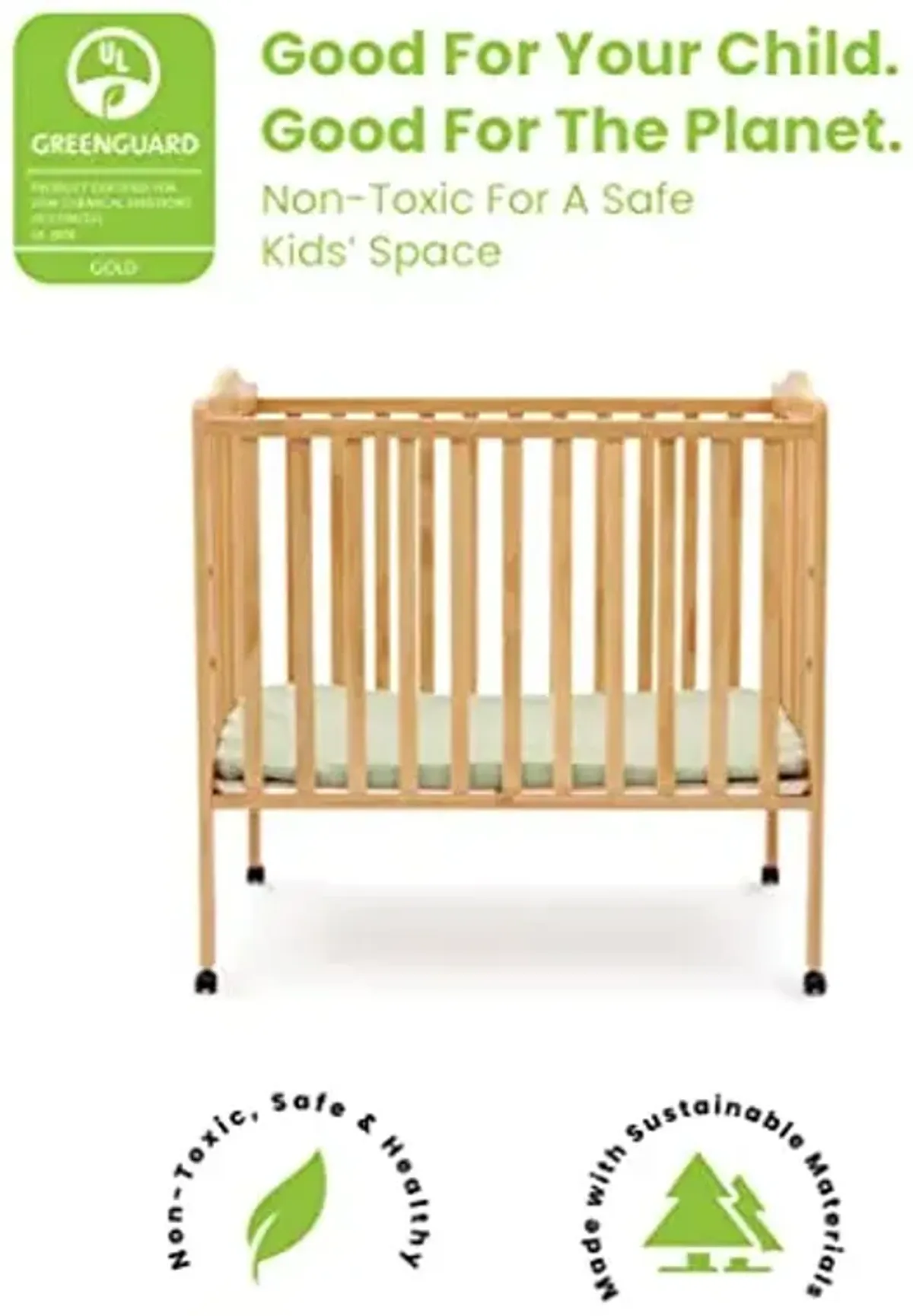 Delta Children Folding Portable Mini Baby Crib with 1.5-inch Mattress - Greenguard Gold Certified, Natural