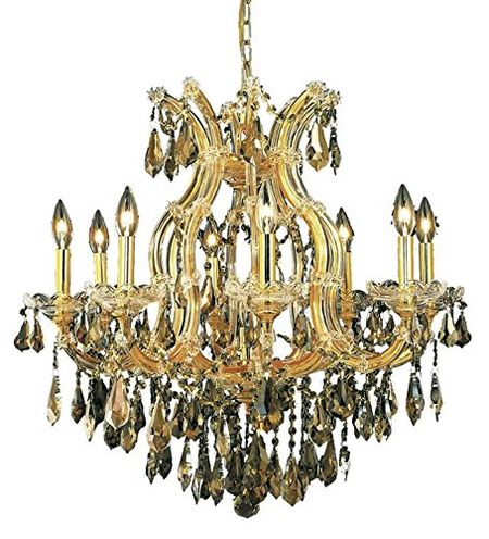 Elegant Lighting 2801D26G-GT/RC Royal Cut Smoky Golden Teak Crystal Maria Theresa 9-Light, Single-Tier Crystal Chandelier, 26" x 26", Finished in Gold with Smoky Golden Teak Crystals