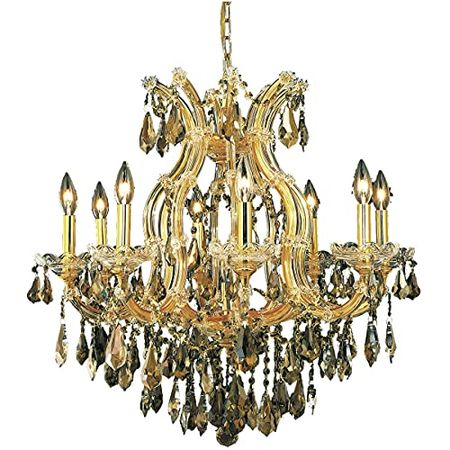 Elegant Lighting 2801D26G-GT/RC Royal Cut Smoky Golden Teak Crystal Maria Theresa 9-Light, Single-Tier Crystal Chandelier, 26" x 26", Finished in Gold with Smoky Golden Teak Crystals