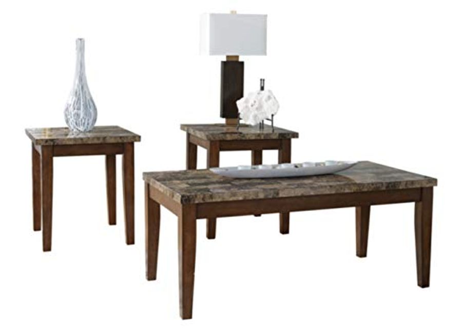 Signature Design by Ashley Theo Contemporary Faux Marble 3-Piece Occasional Table Set, Includes Coffee Table and 2 End Tables, Brown