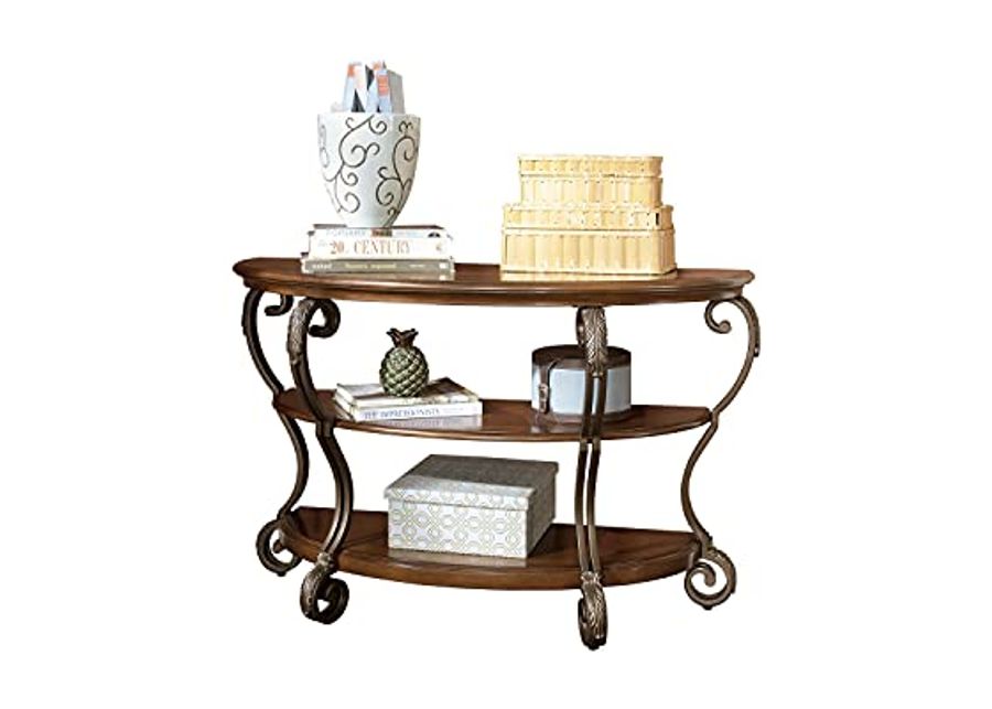 Signature Design by Ashley Nestor Traditional Hand-Finished Half Moon Sofa Table with 2 Fixed Shelves, Dark Brown