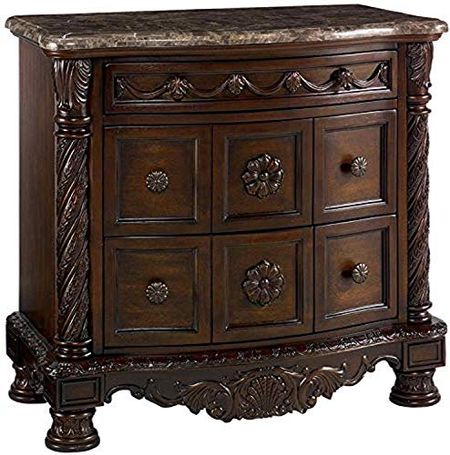Signature Design by Ashley North Shore Ornate 3 Drawer Nightstand with Marble Inlay Top, Dark Brown