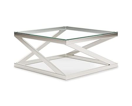 Signature Design by Ashley Coylin Modern Square Coffee Table with Beveled Glass Top, Silver