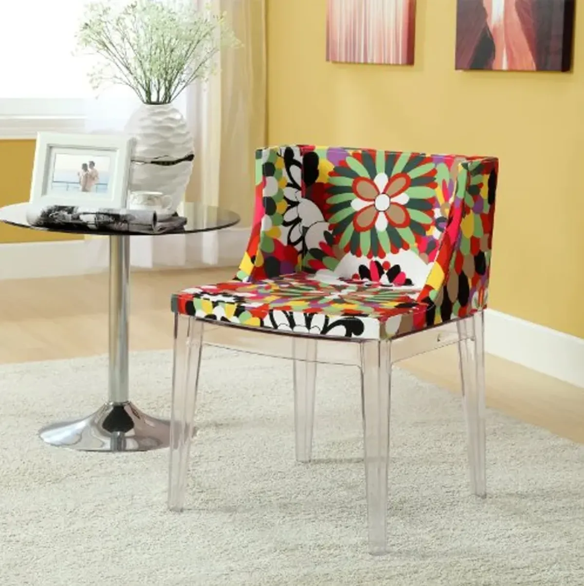 Modway Flower Vintage Modern Acrylic Upholstered Fabric Kitchen and Dining Room Chair in Clear