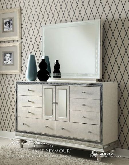 Aico Amini Hollywood Swank Leather Drawer Dresser with Rectangle Mirror