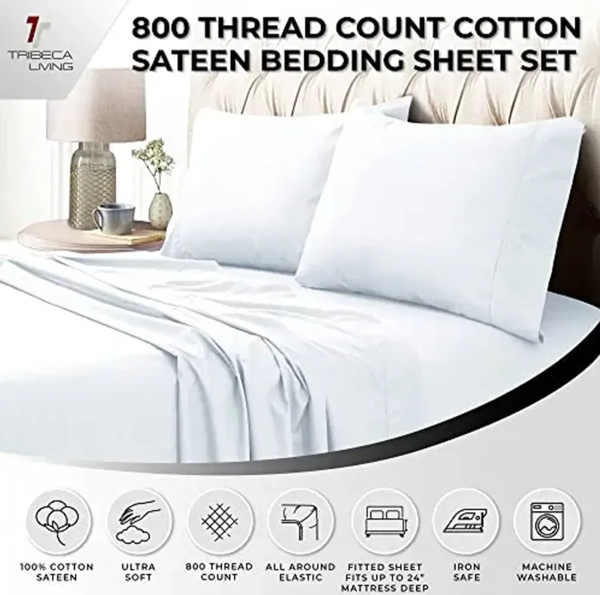 Tribeca Living Queen Bed Sheet Set, Soft Egyptian Cotton Sateen Solid Sheets and Pillowcase Set, Extra Deep Pocket, 800 Thread Count, 4-Piece Luxury Bedding, White