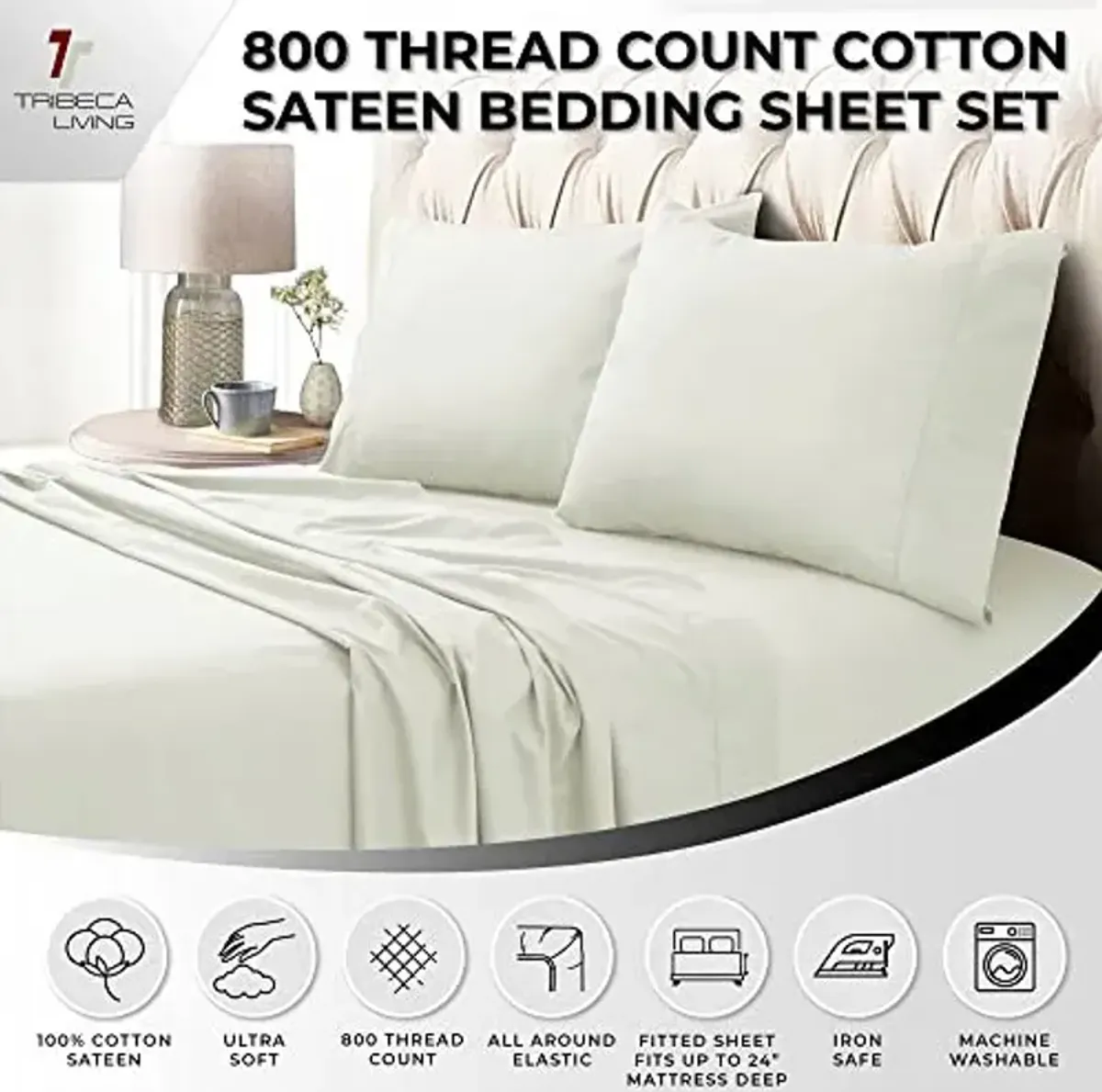 Tribeca Living Soft Egyptian Cotton Sateen Solid Pillowcase, Extra Deep Pocket Bed Sheet Set, California King, Ivory, 4 Count
