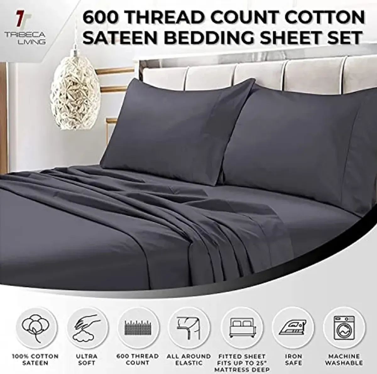 Tribeca Living Bed Soft Egyptian Cotton Sateen Solid Sheets and Pillowcase Set, Deep Pocket, 600 Thread Count, Queen, Steel Grey