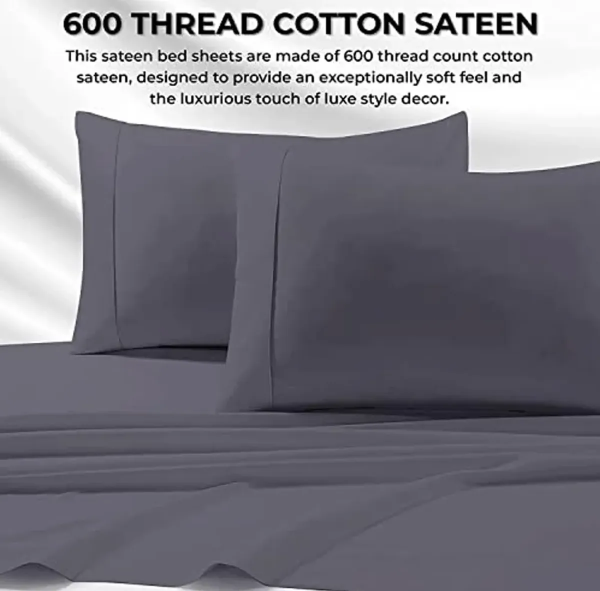 Tribeca Living Bed Soft Egyptian Cotton Sateen Solid Sheets and Pillowcase Set, Deep Pocket, 600 Thread Count, Queen, Steel Grey