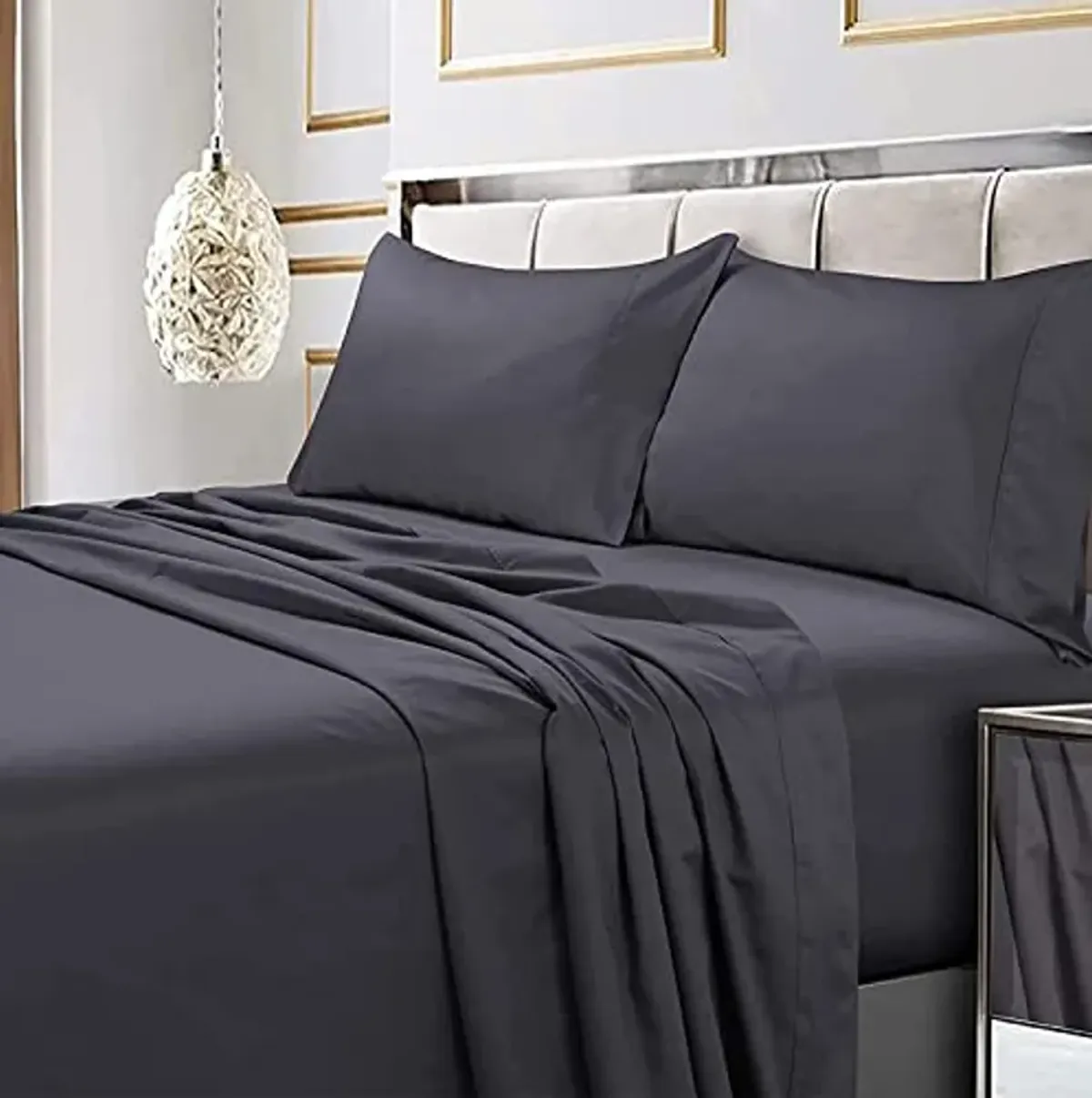 Tribeca Living Bed Soft Egyptian Cotton Sateen Solid Sheets and Pillowcase Set, Deep Pocket, 600 Thread Count, Queen, Steel Grey