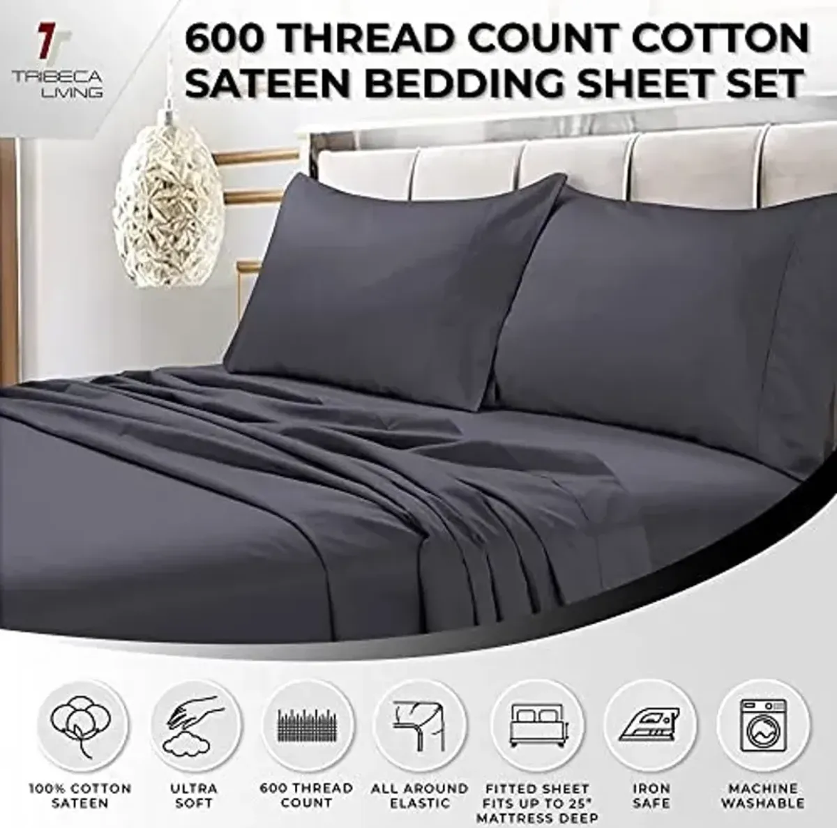 Tribeca Living Soft Egyptian Cotton Sateen Solid Pillowcase Set Extra Deep Pocket, 600 Thread Count, Bed Sheet, Queen, Steel