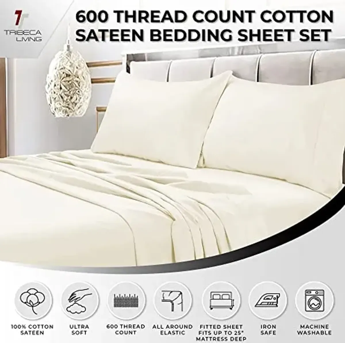 Tribeca Living Soft Egyptian Cotton Sateen Solid Pillowcase Set Extra Deep Pocket, 600 Thread Count, Bed Sheet, King, Ivory