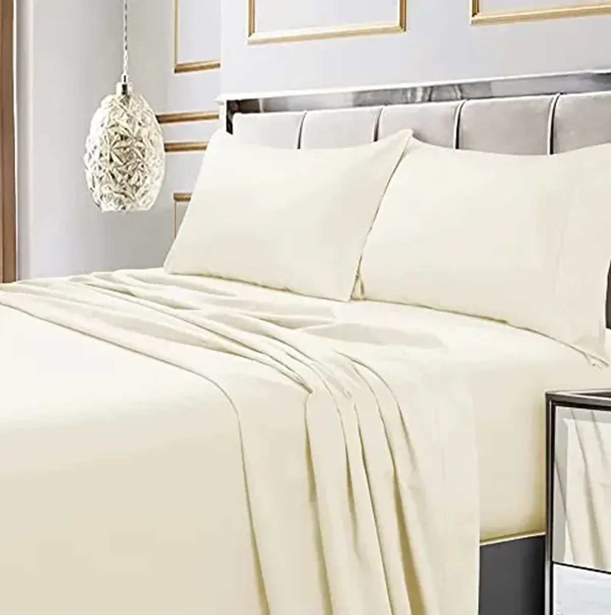 Tribeca Living Soft Egyptian Cotton Sateen Solid Pillowcase Set Extra Deep Pocket, 600 Thread Count, Bed Sheet, King, Ivory