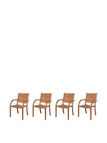 Amazonia Arizona 4-Piece Outdoor Stacking Armchairs Set | Eucalyptus Wood | Ideal for Patio and Indoors