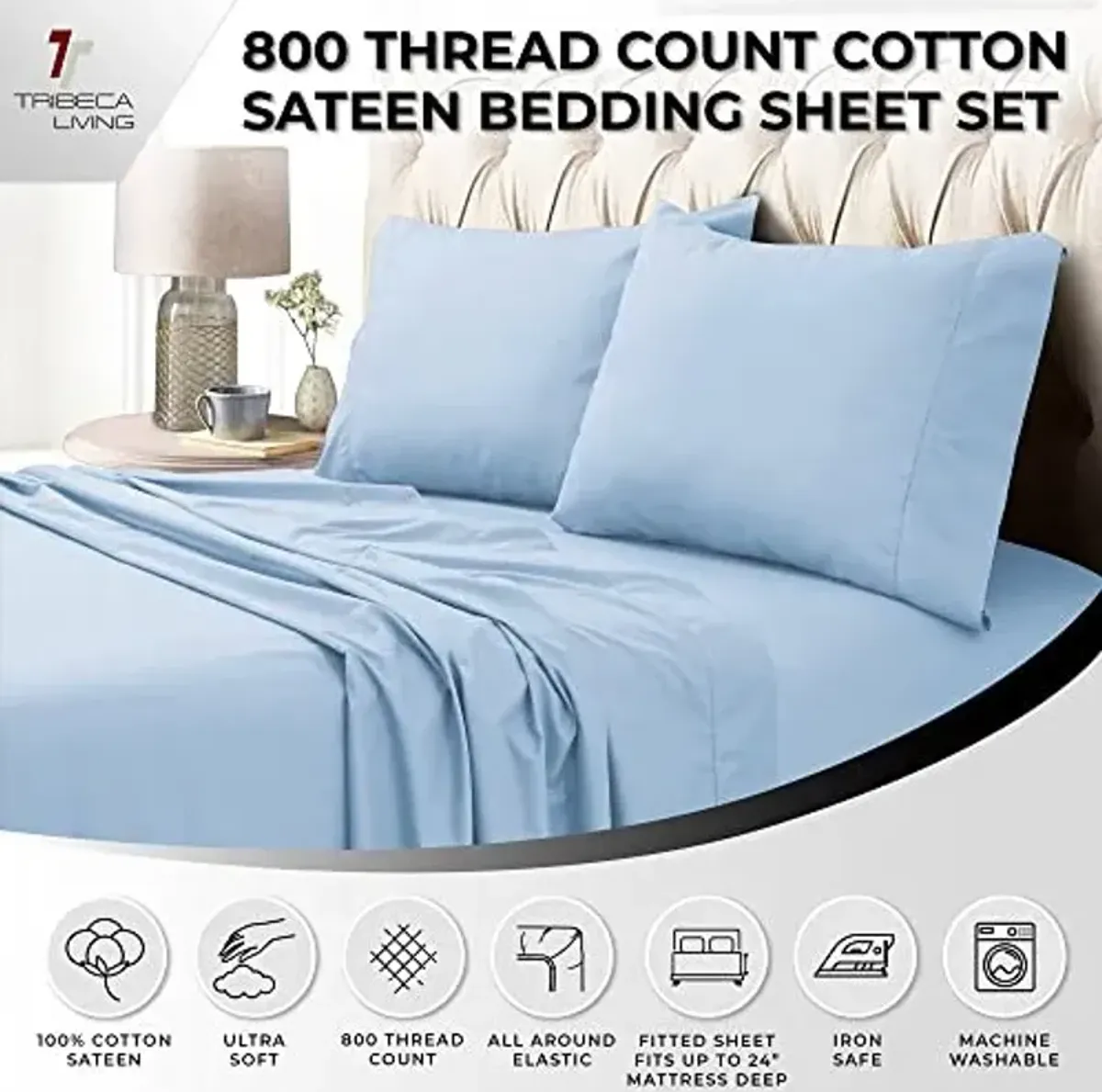 Tribeca Living King Bed Sheet Set, Soft Egyptian Cotton Sateen Solid Sheets and Pillowcase Set, Extra Deep Pocket, 800 Thread Count, 4-Piece Luxury Bedding, Blue