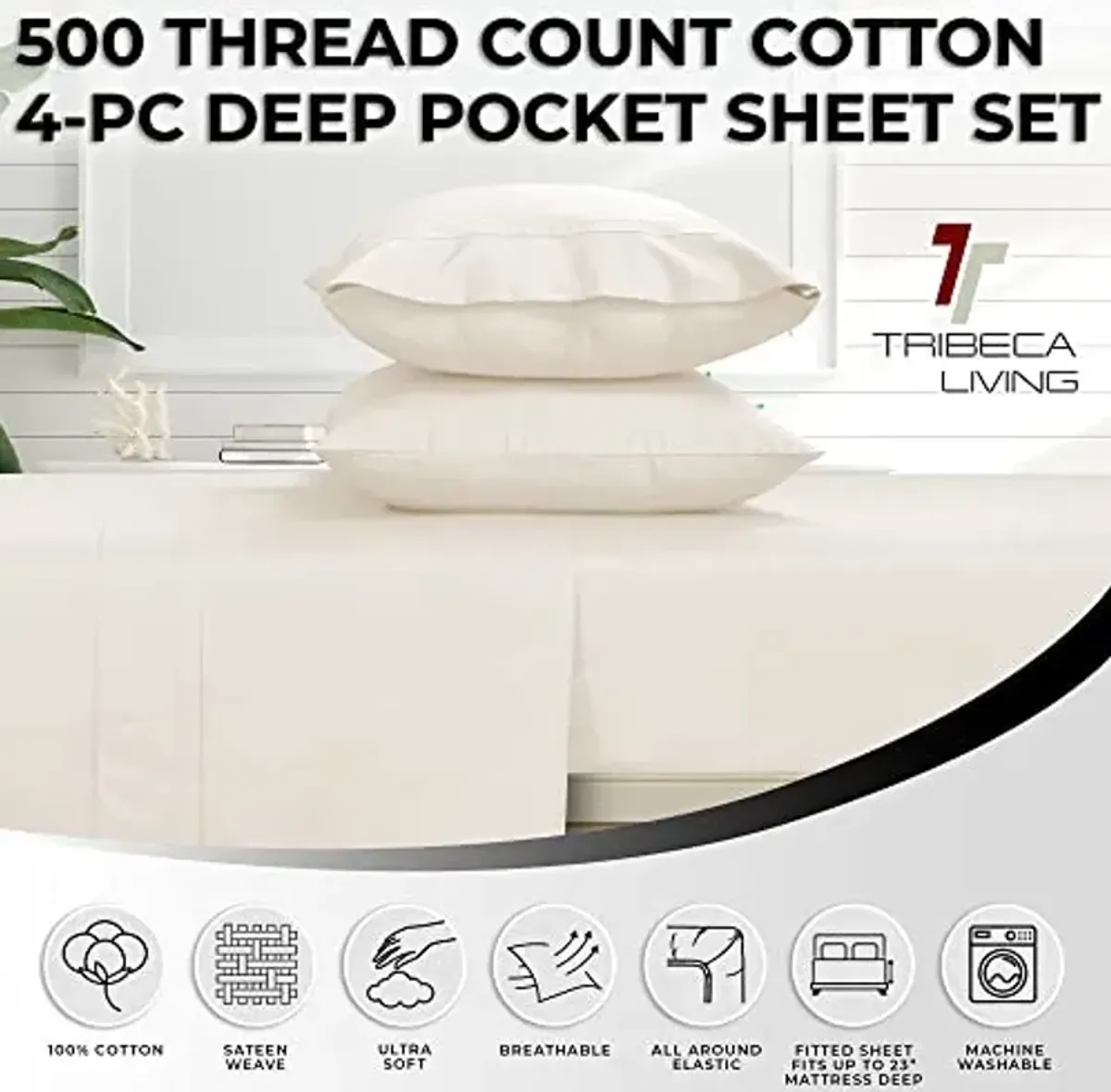 Tribeca Living Solid Sheets Set, Soft Egyptian Cotton Sateen Deep Pocket Bedsheets and Matching Pillowcases, 500 Thread Count, 4-Piece Luxury Bedding, California King, Ivory