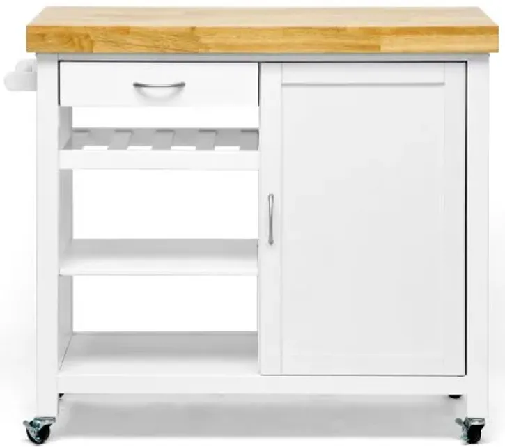 Baxton Studio Denver Modern Kitchen Cart/Island with Butcher Block Top, Natural, White