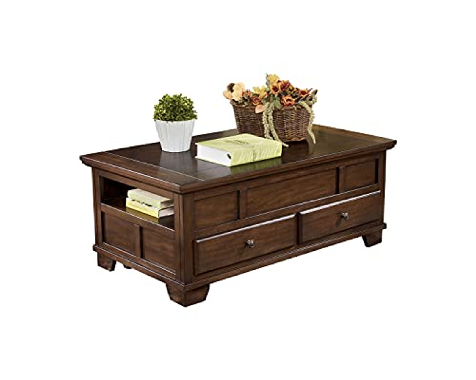 Signature Design by Ashley Gately Traditional Rectangular Lift Top Coffee Table with 2 Drawers and 2 Storage Cubbies, Brown