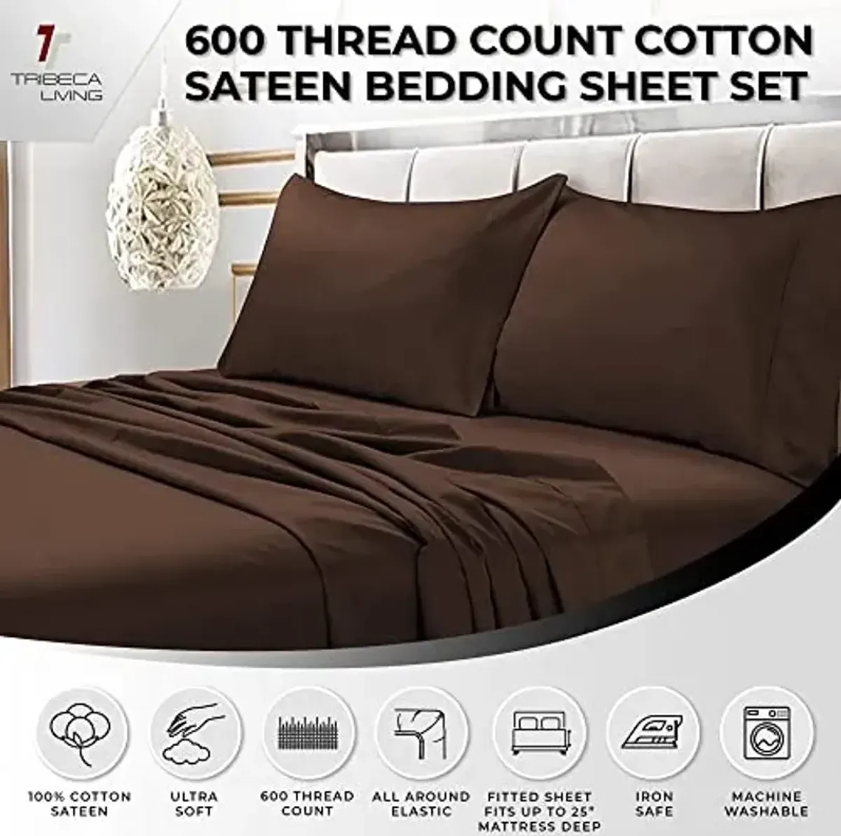 Tribeca Living Soft Egyptian Cotton Sateen Solid Pillowcase Set Extra Deep Pocket, 600 Thread Count, Bed Sheet, Queen, Chocolate