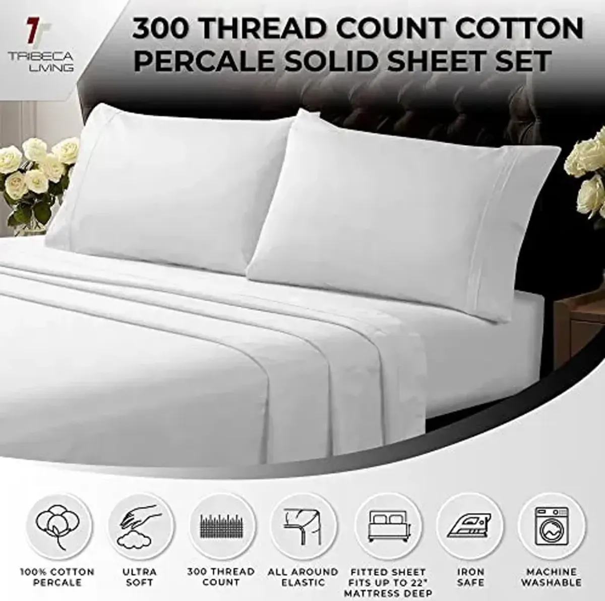 Tribeca Living Twin Bed Sheet Set, Crisp and Smooth Cotton Percale Solid Sheets and Pillowcase Set, Extra Deep Pocket, 300 Thread Count, 3-Piece Luxury Bedding, White