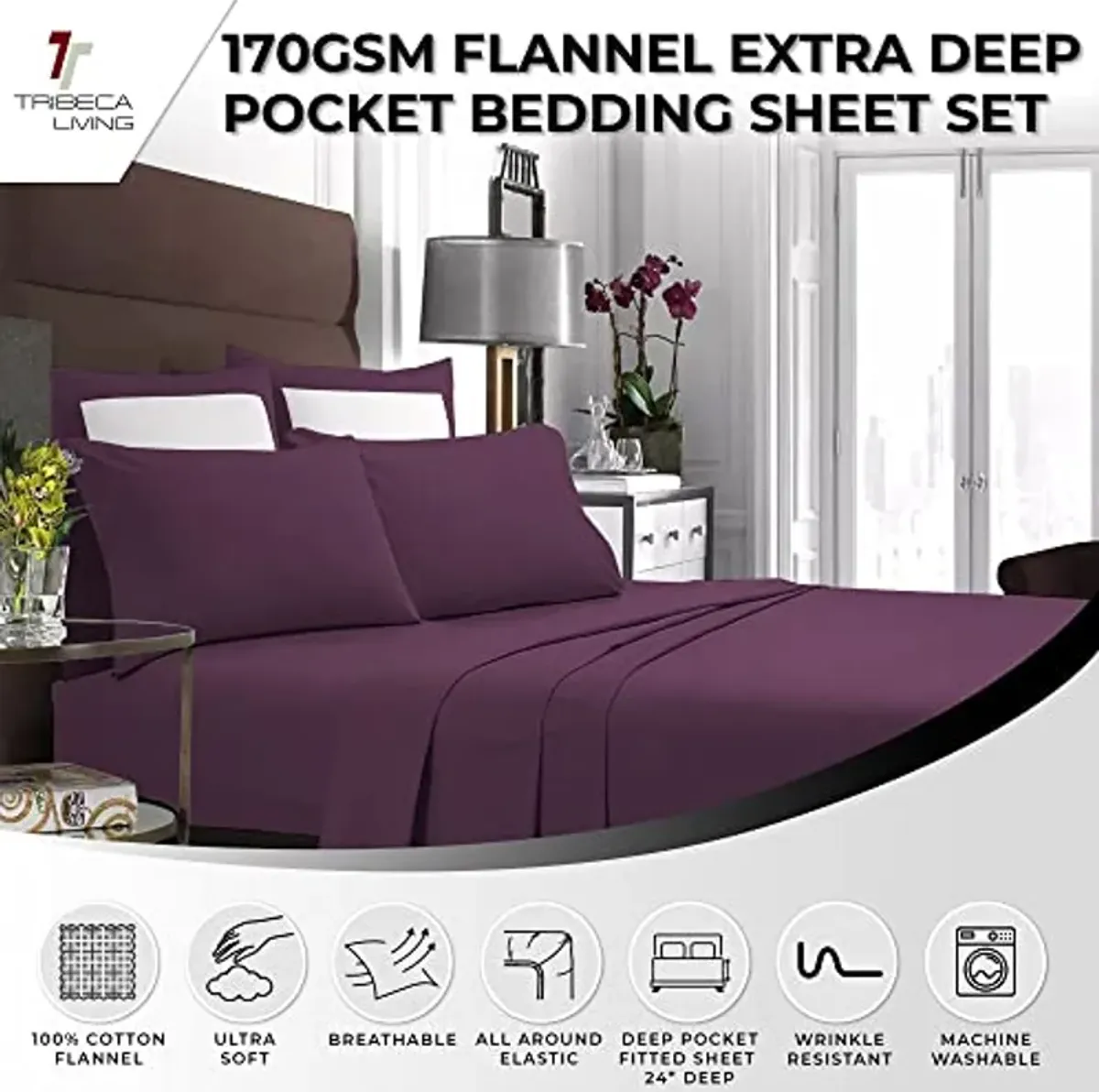 Tribeca Living FLSOEDSS Luxury Solid Flannel Deep Pocket Sheet Set, Queen, Purple