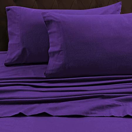 Tribeca Living Luxury Solid Flannel Deep Pocket Sheet Set, Dark Purple, King