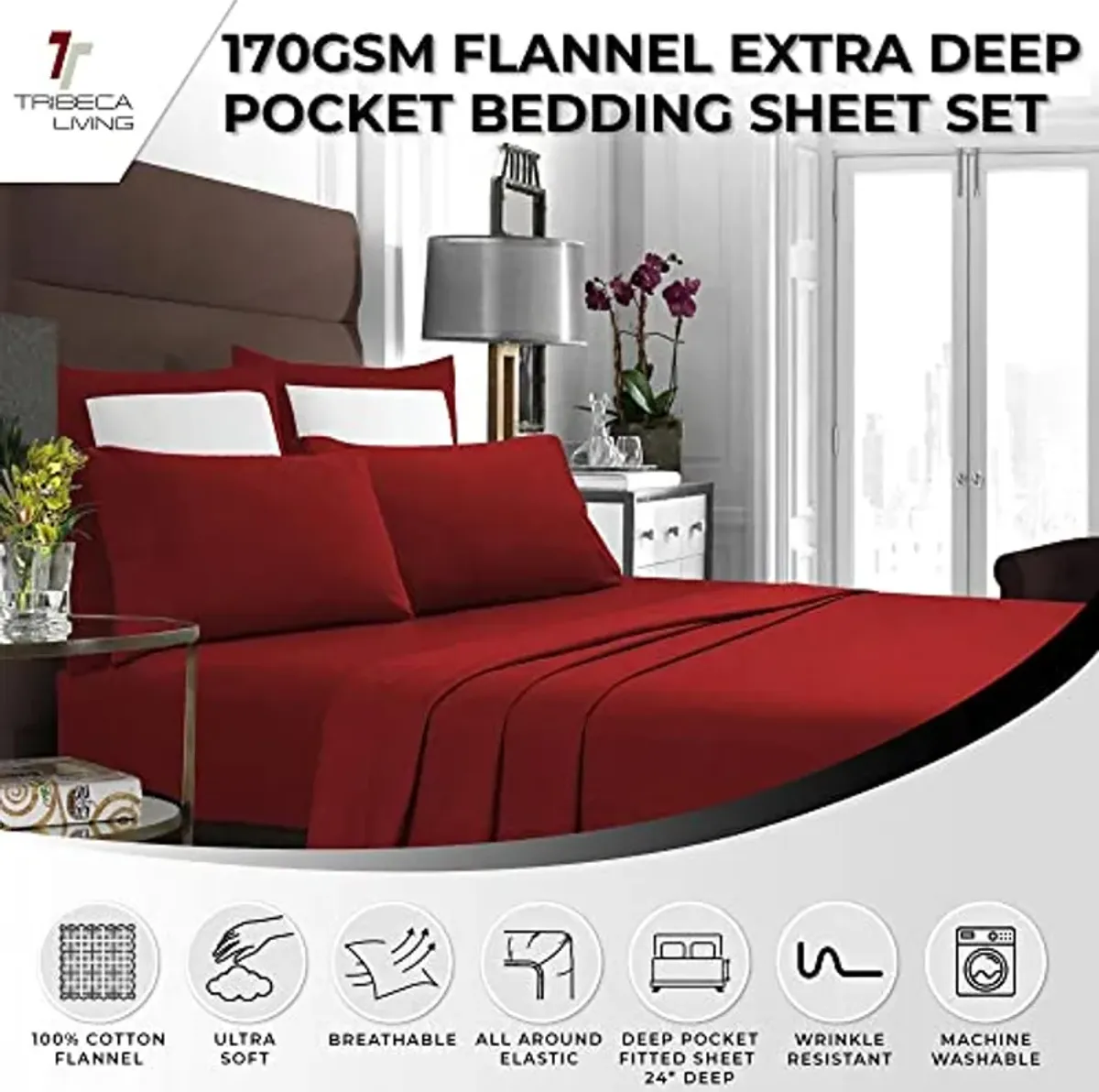 Tribeca Living FLSOEDSS Luxury Solid Flannel Deep Pocket Sheet Set, Queen, Dark Red, 4 Count