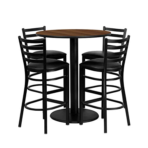 Flash Furniture Clark 36'' Round Walnut Laminate Table Set with 4 Ladder Back Metal Barstools - Black Vinyl Seat