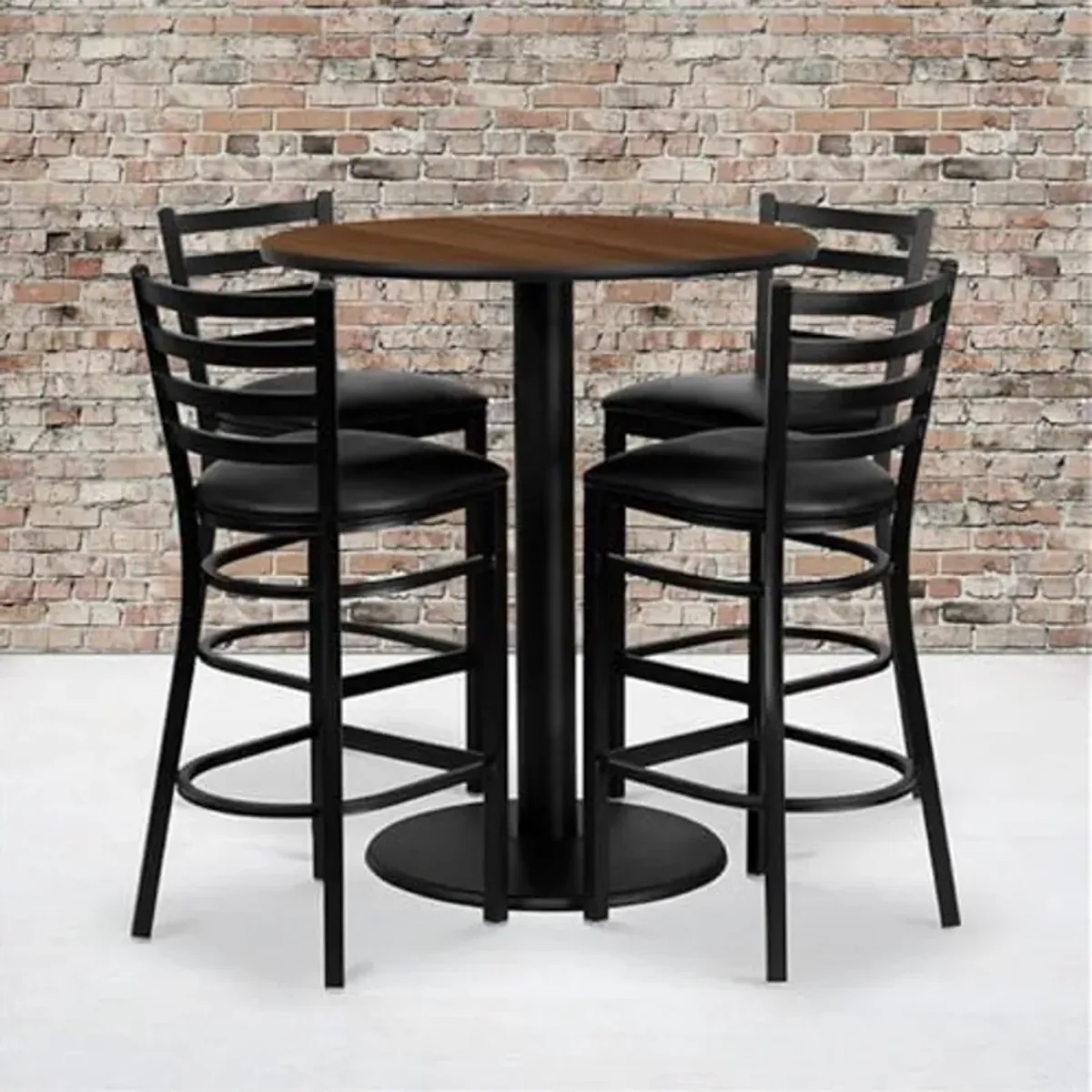 Flash Furniture Clark 36'' Round Walnut Laminate Table Set with 4 Ladder Back Metal Barstools - Black Vinyl Seat