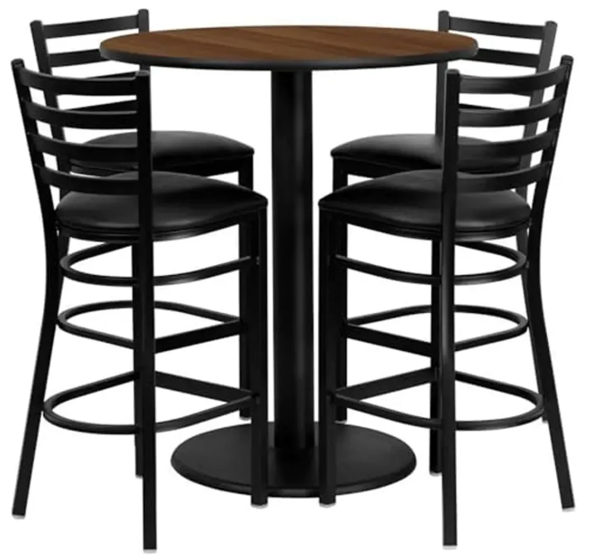 Flash Furniture Clark 36'' Round Walnut Laminate Table Set with 4 Ladder Back Metal Barstools - Black Vinyl Seat