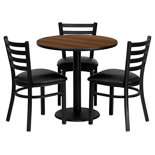 Flash Furniture 30'' Round Walnut Laminate Table Set with 3 Ladder Back Metal Chairs - Black Vinyl Seat