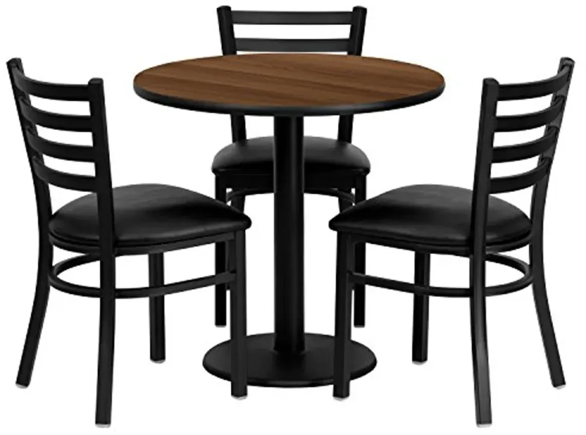 Flash Furniture 30'' Round Walnut Laminate Table Set with 3 Ladder Back Metal Chairs - Black Vinyl Seat