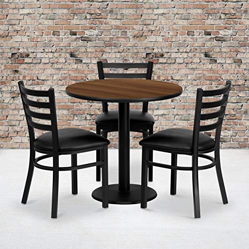 Flash Furniture 30'' Round Walnut Laminate Table Set with 3 Ladder Back Metal Chairs - Black Vinyl Seat