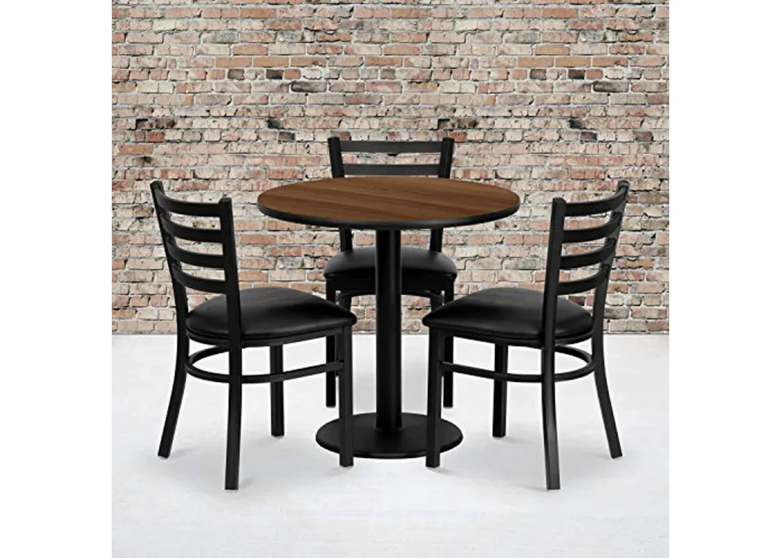 Flash Furniture 30'' Round Walnut Laminate Table Set with 3 Ladder Back Metal Chairs - Black Vinyl Seat