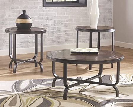 Signature Design by Ashley Ferlin Contemporary Round 3-Piece Table Set with 1 Coffee Table and 2 End Tables, Dark Brown