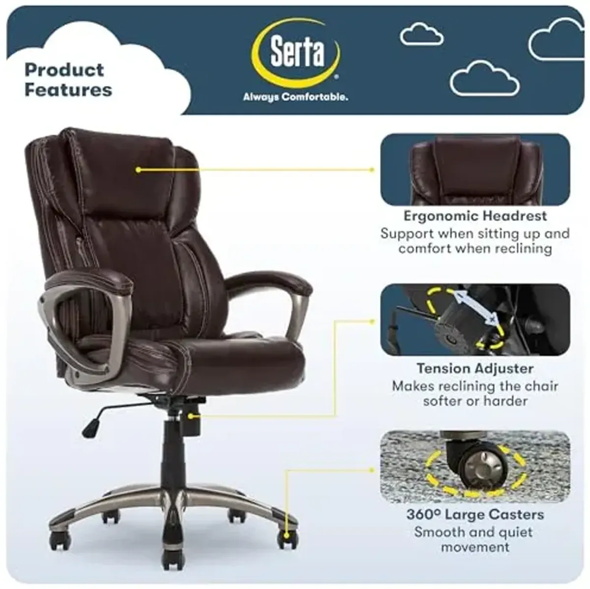 Serta Garret Executive Office Chair, Ergonomic Mid-Back with Lumbar Support, Semi-Plush Cushion and Body Pillows, Padded Armrests, Swivel Base, Bonded Leather, Brown