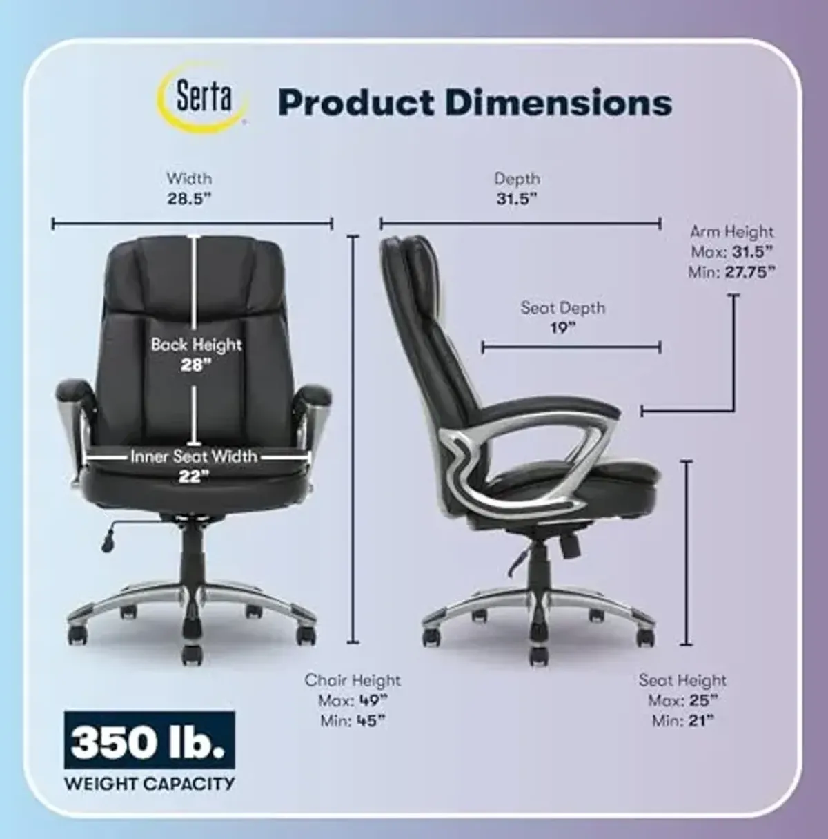 Serta Fairbanks Big & Tall Executive Office Chair, Ergonomic Comfy High-Back ComputerChairs with Lumbar Support, Semi-Plush Seat Cushion, Padded Armrests, Nylon Swivel Base, Bonded Leather, Black