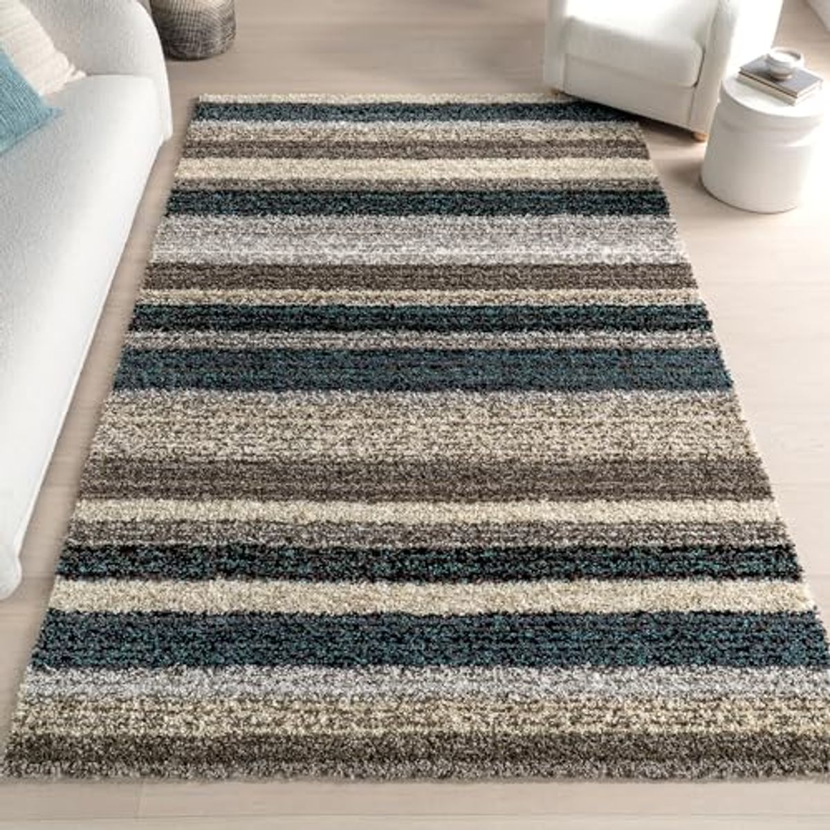 nuLOOM Drey Striped Shag Area Rug - 6x9 Shag Area Rug Casual Blue Multi/Brown Rugs for Living Room Bedroom Dining Room Nursery