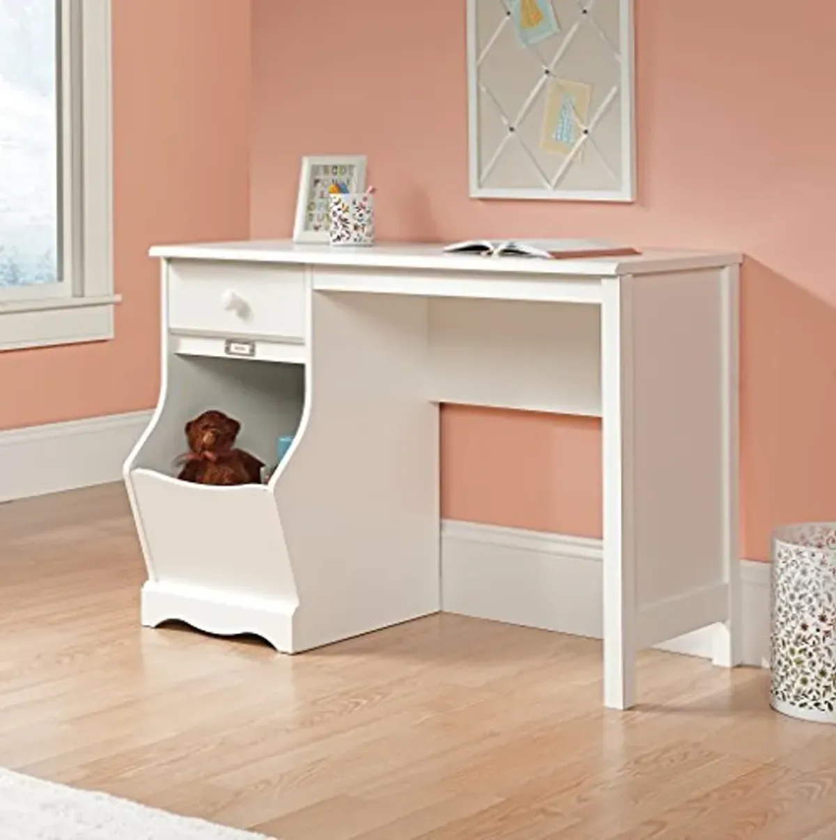 Sauder Pogo Kids Desk with Drawer and Toy Storage Bin, L: 42.64" x W: 19.37" x H: 28.94", Soft White Finish