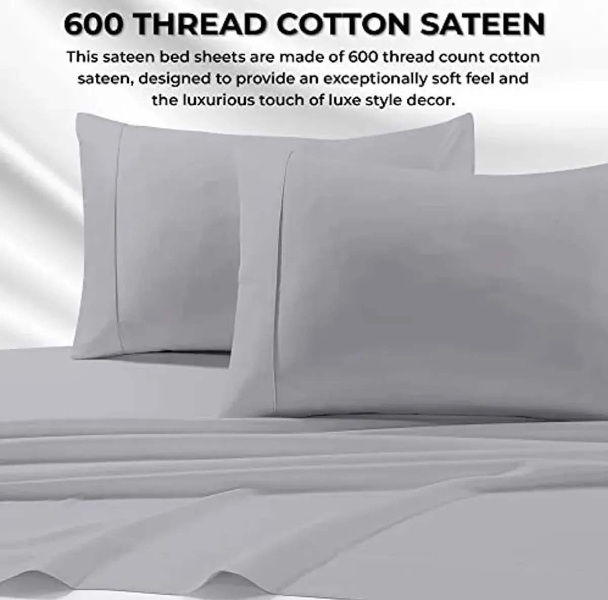 Tribeca Living Bed Sheet Set, Soft Egyptian Cotton Sateen Solid Sheets and Pillowcase Set, Extra Deep Pocket, 600 Thread Count, 4-Piece Luxury Bedding, Queen, Silver Grey