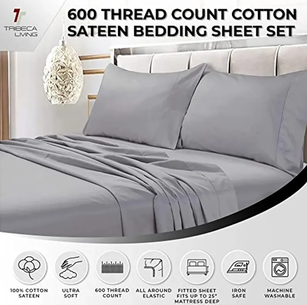 Tribeca Living Bed Sheet Set, Soft Egyptian Cotton Sateen Solid Sheets and Pillowcase Set, Extra Deep Pocket, 600 Thread Count, 4-Piece Luxury Bedding, Queen, Silver Grey