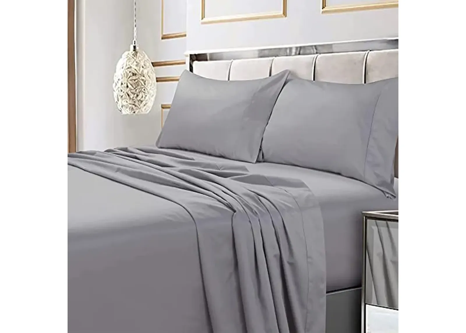 Tribeca Living Bed Sheet Set, Soft Egyptian Cotton Sateen Solid Sheets and Pillowcase Set, Extra Deep Pocket, 600 Thread Count, 4-Piece Luxury Bedding, Queen, Silver Grey