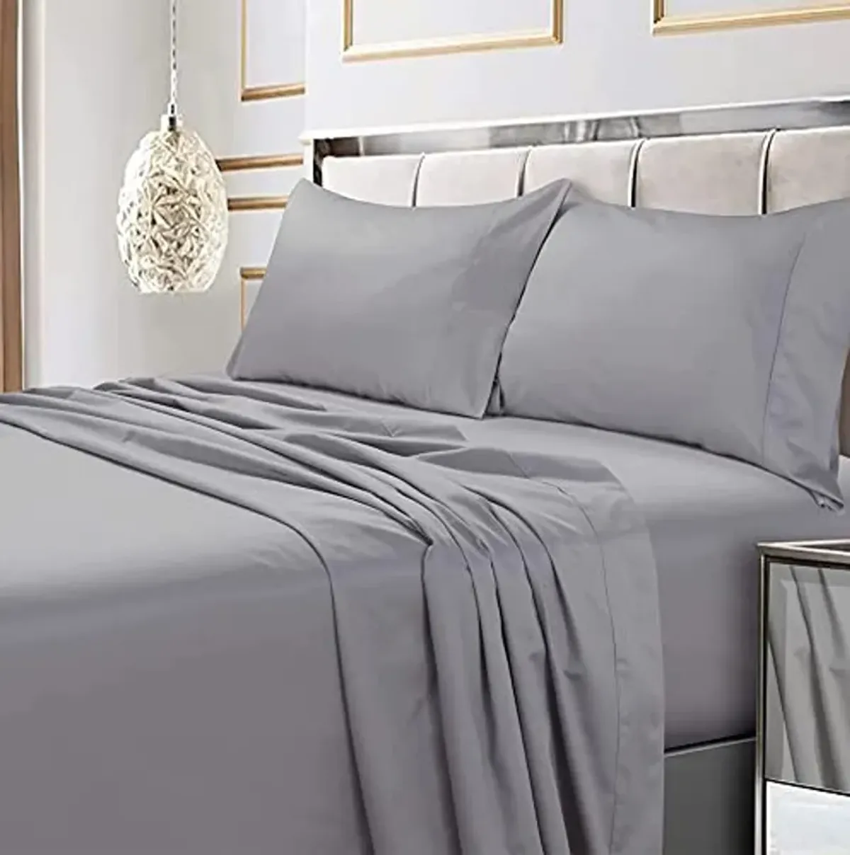 Tribeca Living Bed Sheet Set, Soft Egyptian Cotton Sateen Solid Sheets and Pillowcase Set, Extra Deep Pocket, 600 Thread Count, 4-Piece Luxury Bedding, Queen, Silver Grey