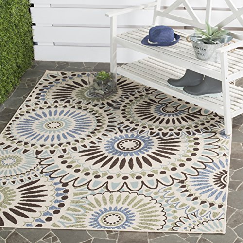 SAFAVIEH Veranda Collection 8' x 11' Cream/Blue VER091 Boho Floral Indoor/ Outdoor Non-Shedding Easy Cleaning Patio Backyard Porch Deck Mudroom Area Rug