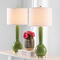 SAFAVIEH Lighting Collection Mae Long Neck Modern Contemporary Green Ceramic 31-inch Bedroom Living Room Home Office Desk Nightstand Table Lamp Set of 2 (LED Bulbs Included)