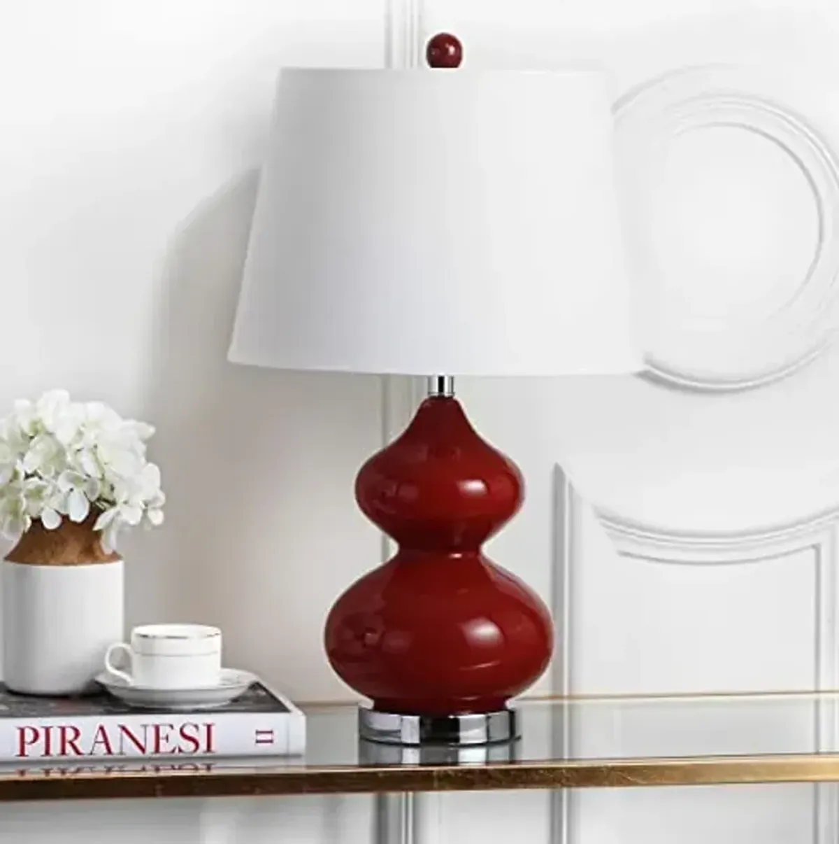 SAFAVIEH Lighting Collection Eva Modern Contemporary Red Double Gourd Glass 24-inch Bedroom Living Room Home Office Desk Nightstand Table Lamp Set of 2 (LED Bulbs Included)