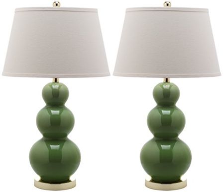 SAFAVIEH Lighting Collection Pamela Modern Contemporary Green Triple Gourd Ceramic 27-inch Bedroom Living Room Home Office Desk Nightstand Table Lamp Set of 2 (LED Bulbs Included)