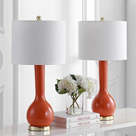 SAFAVIEH Lighting Collection Mae Long Neck Modern Contemporary Blood Orange Ceramic 31-inch Bedroom Living Room Home Office Desk Nightstand Table Lamp Set of 2 (LED Bulbs Included)