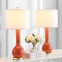 SAFAVIEH Lighting Collection Mae Long Neck Modern Contemporary Blood Orange Ceramic 31-inch Bedroom Living Room Home Office Desk Nightstand Table Lamp Set of 2 (LED Bulbs Included)