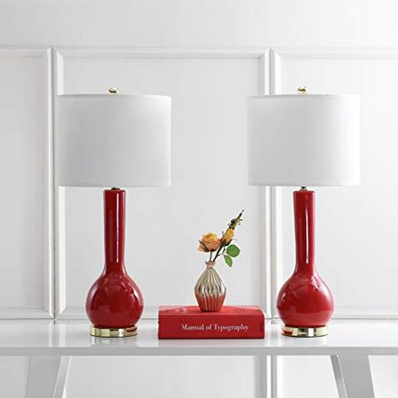 SAFAVIEH Lighting Collection Mae Long Neck Modern Contemporary Red Ceramic 31-inch Bedroom Living Room Home Office Desk Nightstand Table Lamp Set of 2 (LED Bulbs Included)
